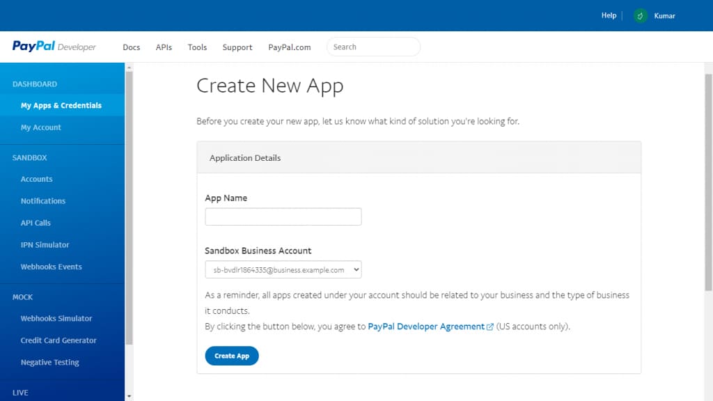 Create App PayPal