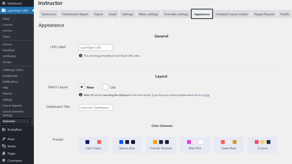 Under Appearances find the Instructor Dashboard Settings menu