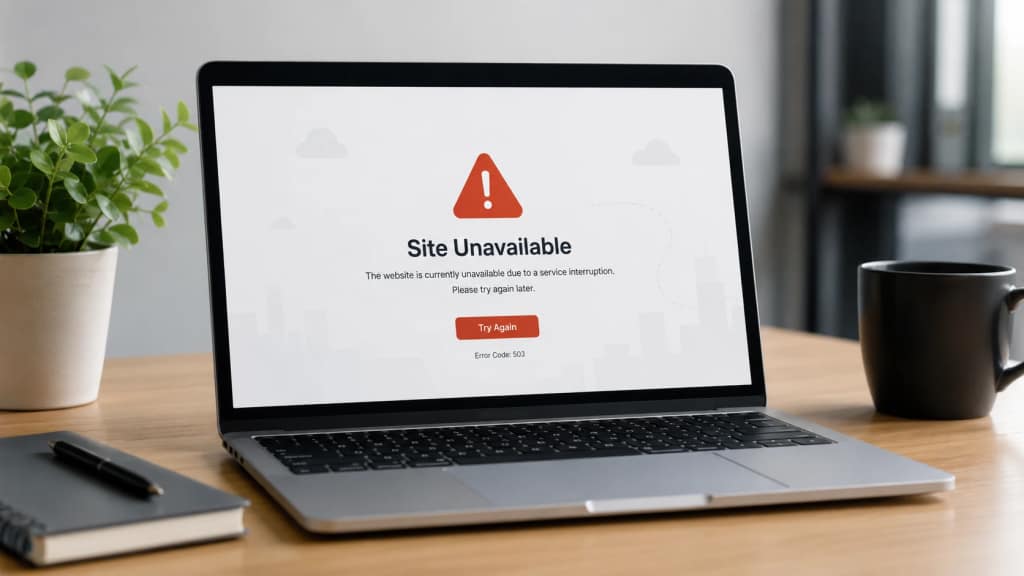 server downtime: laptop with a website error message