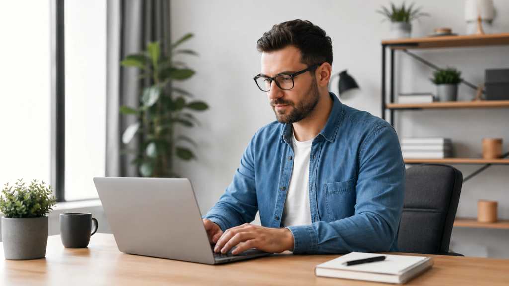 Man working on a laptop at a desk in a modern home office.