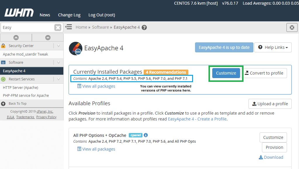 WHM EA4 currently installed packages customize