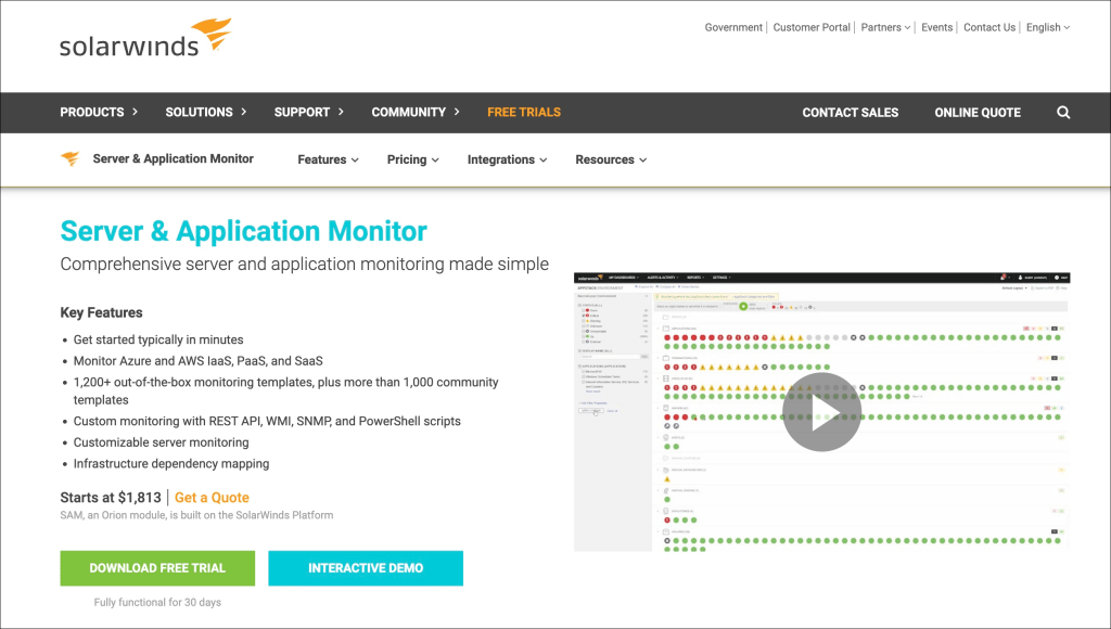 Screenshot of SolarWinds’ service page.