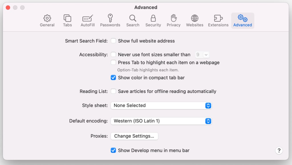 The advanced settings for the Safari browser