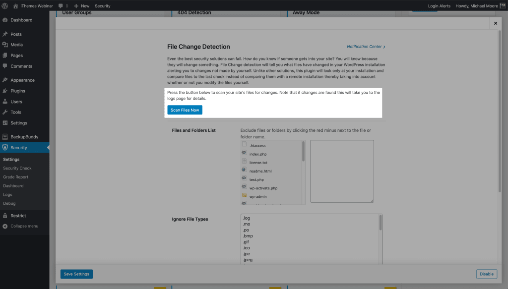 WordPress Security Scan for File Changes Button