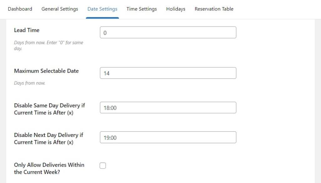 delivery date settings woocommerce