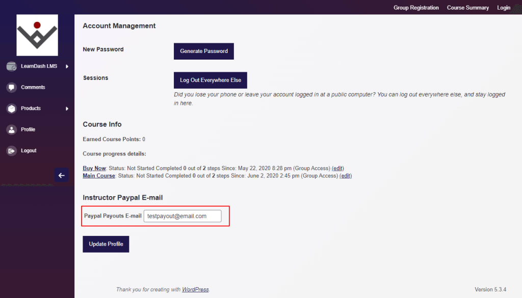Instructor PayPal Email Settings Screenshot