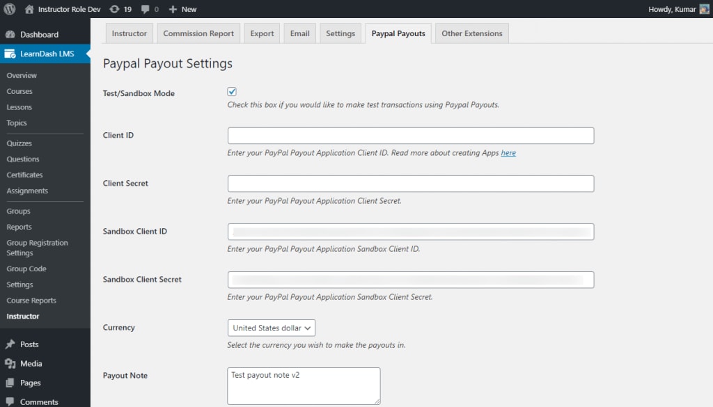 Instructor Payout Settings