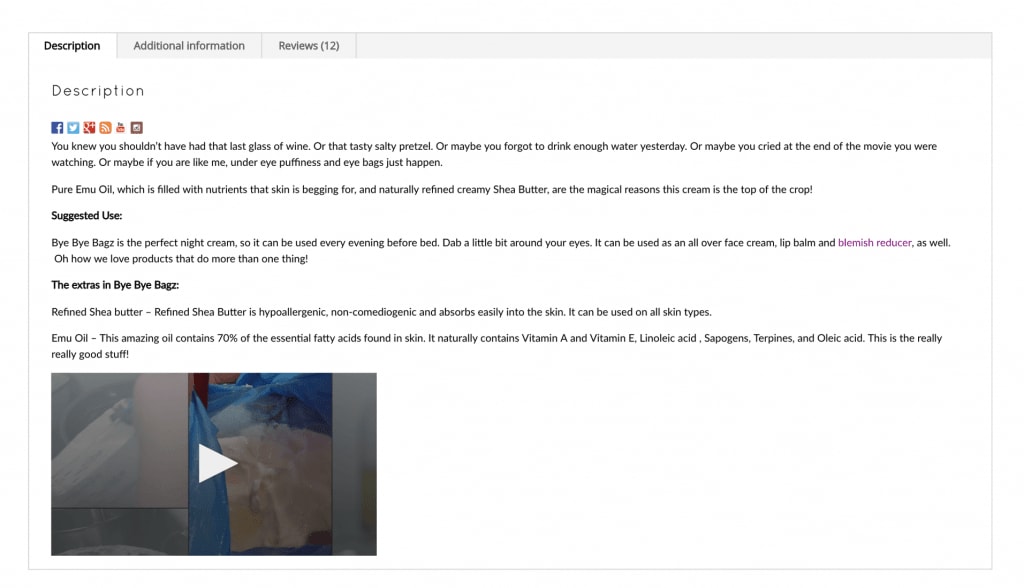 Product descriptions and a video description.
