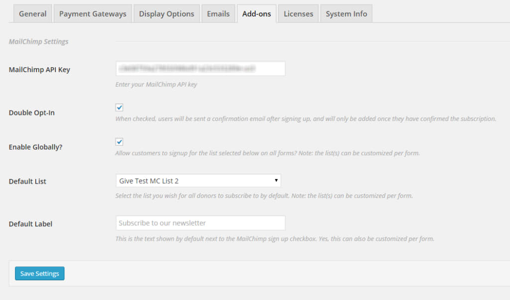 MailChimp Give Settings