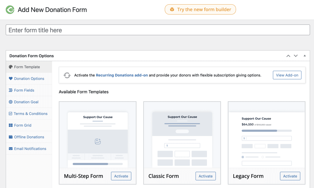 Add new donation form screen in the option-based editor with three options: multi-step, classic, and legacy