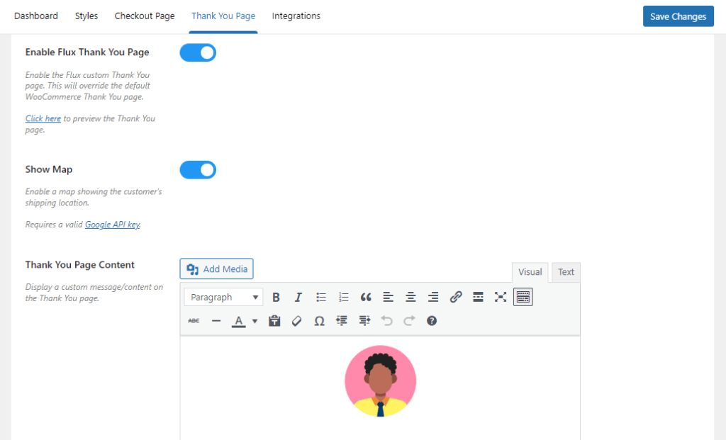 flux checkout thank you page settings