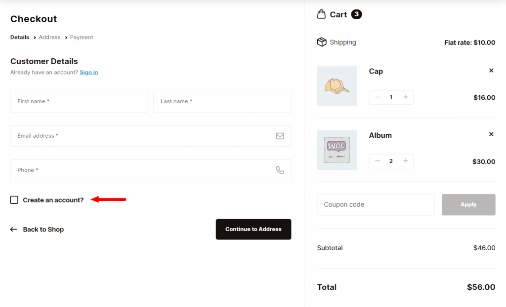 create an account guest checkout