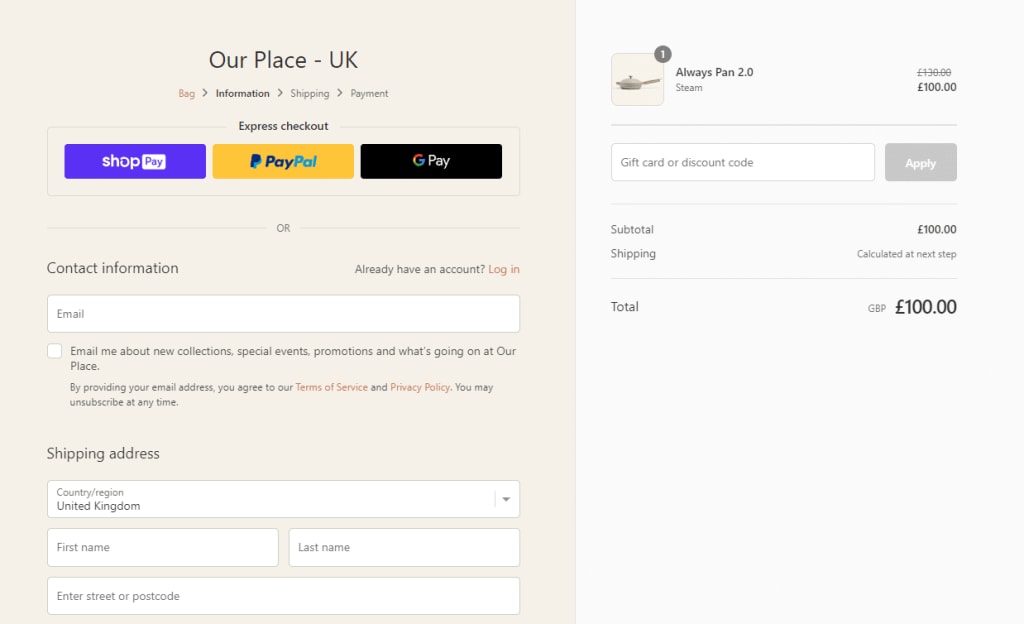 our place checkout
