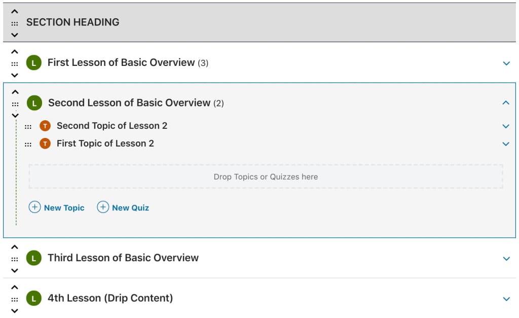 LearnDash course builder admin, main area