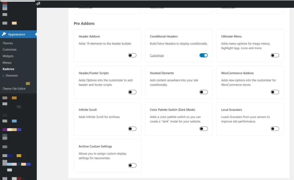 Kadence enable Conditional Headers