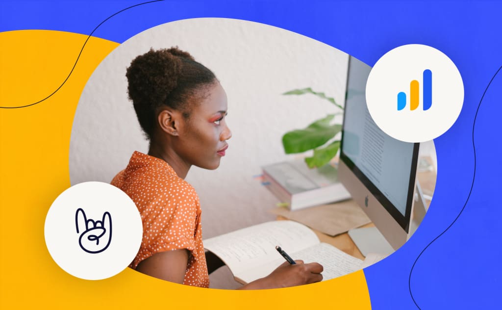 A woman looking at her computer. The Events Calendar and Learndash logos plus a blue and a gold color background
