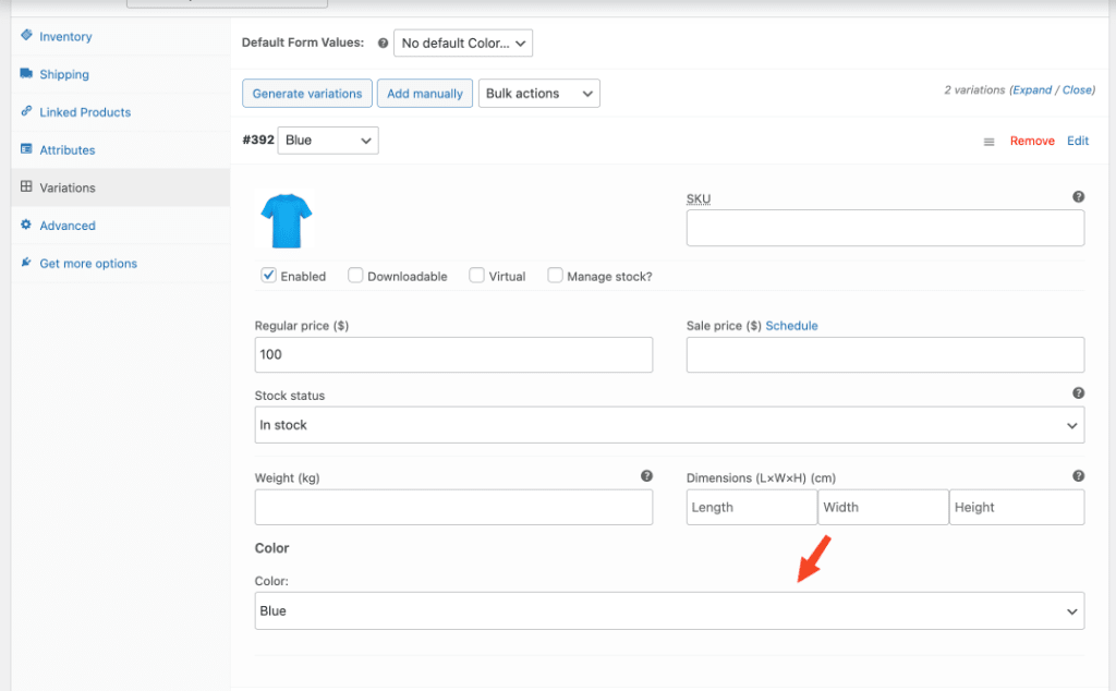 Edit custom fields value for a variatio