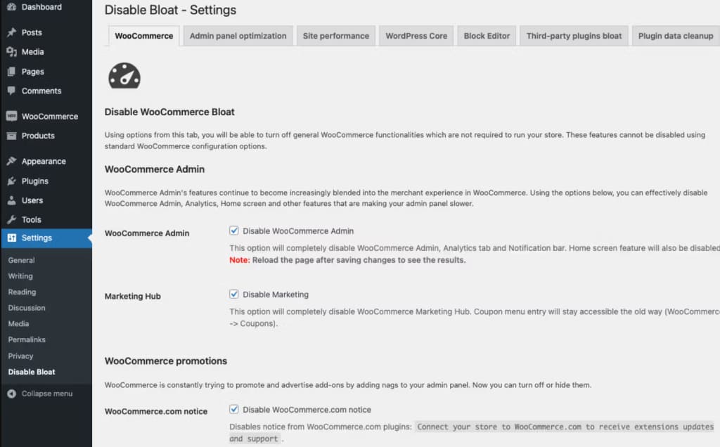 wordpress disable bloat settings