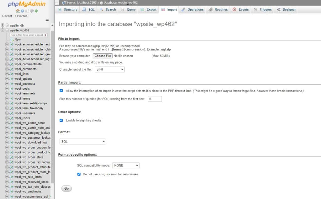 The phpMyAdmin tool will present you with multiple options that will specify the import operation behavior. Typically, you can leave the default values in place unless you know what exactly you would like to change.