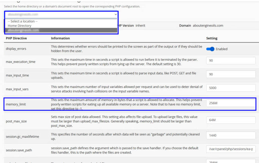 fix slow admin php memory limit