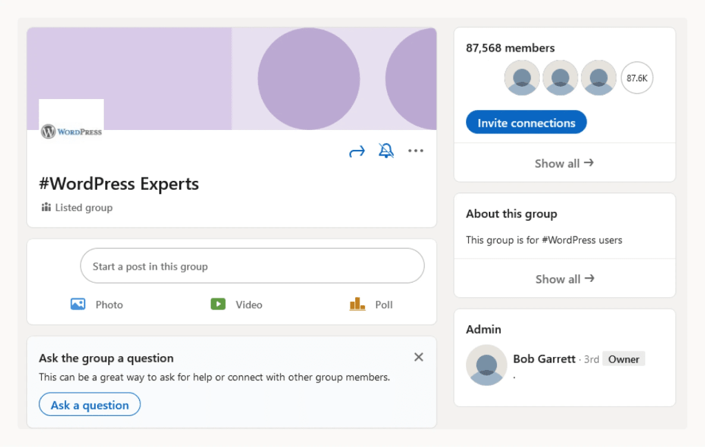 Screenshot of the Linkedin WordPress Experts page.