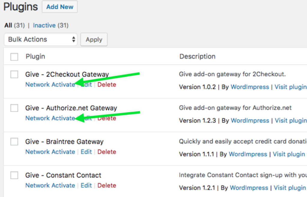 Screenshot indicating where to network activate a plugin on a WordPress Multisite install.
