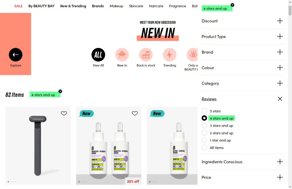 reviews in product filters