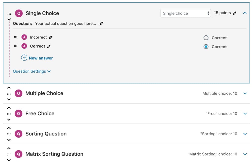 Main area of the LearnDash quiz builder