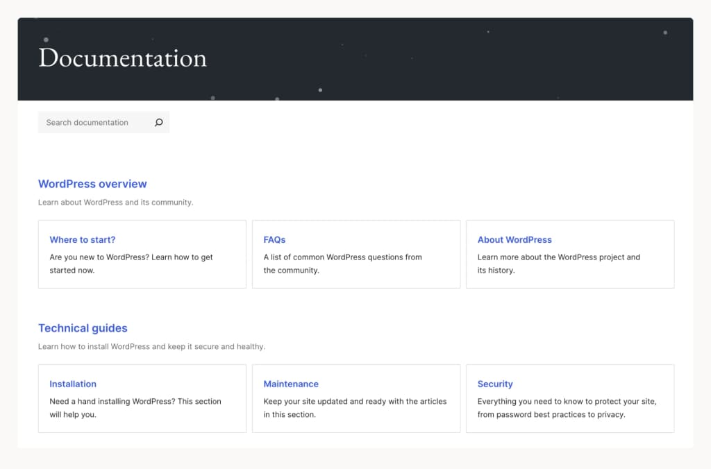 Screenshot of the WordPress documentation page.