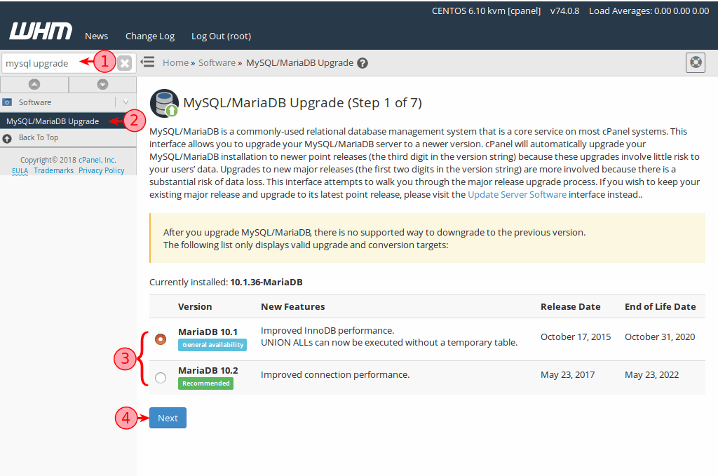 WHM allows you to upgrade your MySQL versions with just a few clicks.