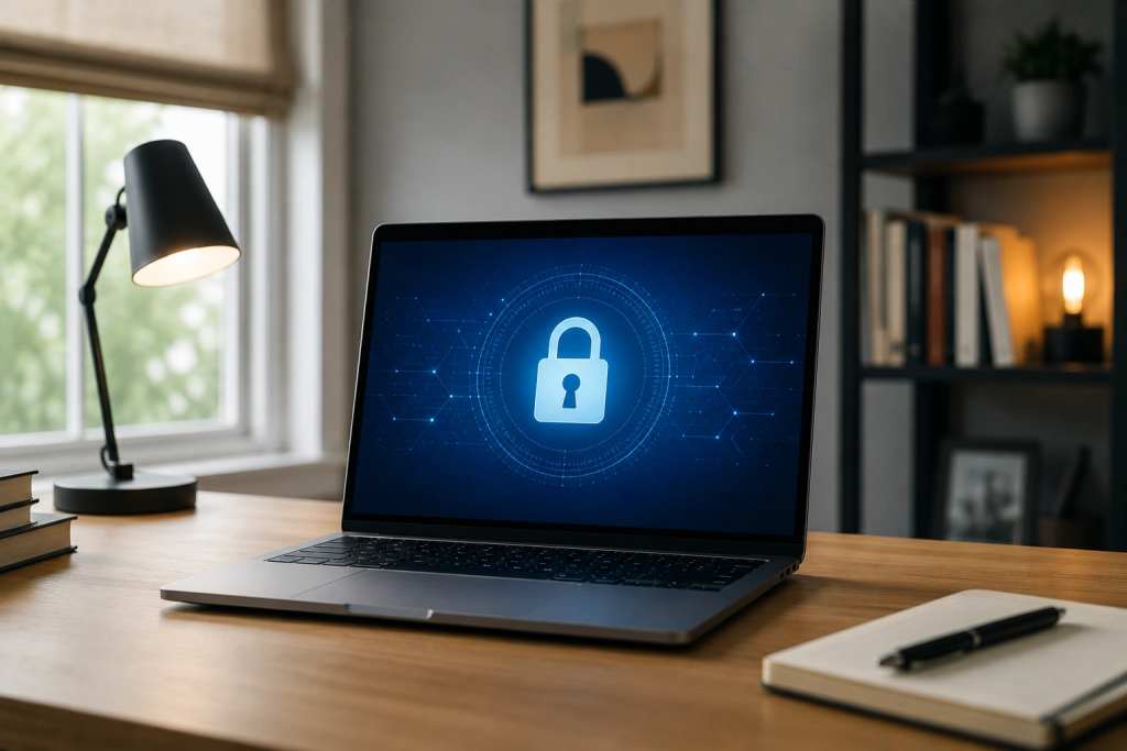 Laptop with security shield in home office