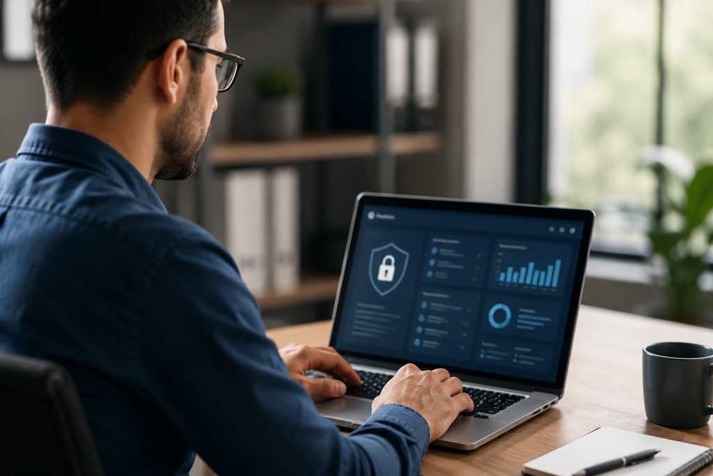 IT professional reviewing a security dashboard on a laptop.