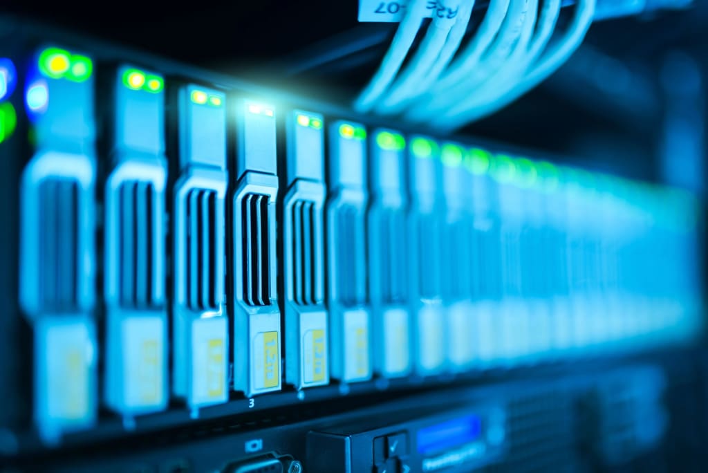 Close-up of physical server hardware used for bare metal cloud hosting