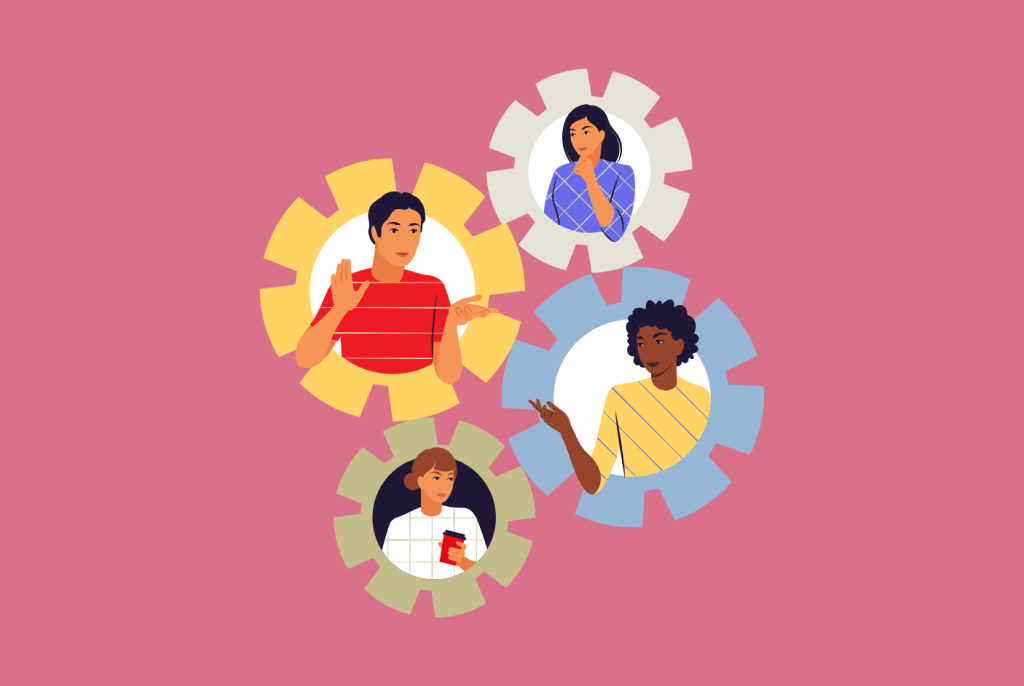graphic of people in cogwheels collaborating on work