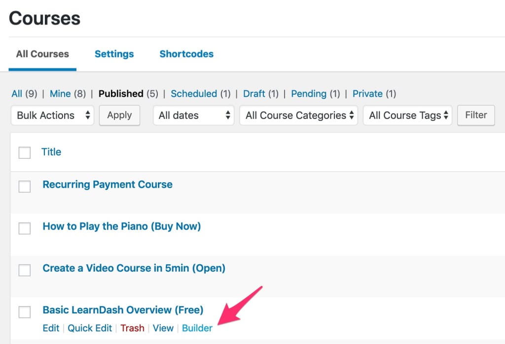 LearnDash course builder link on all courses