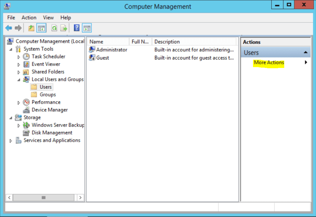 The Computer Management tool shows a view of all existing user accounts on Windows servers.