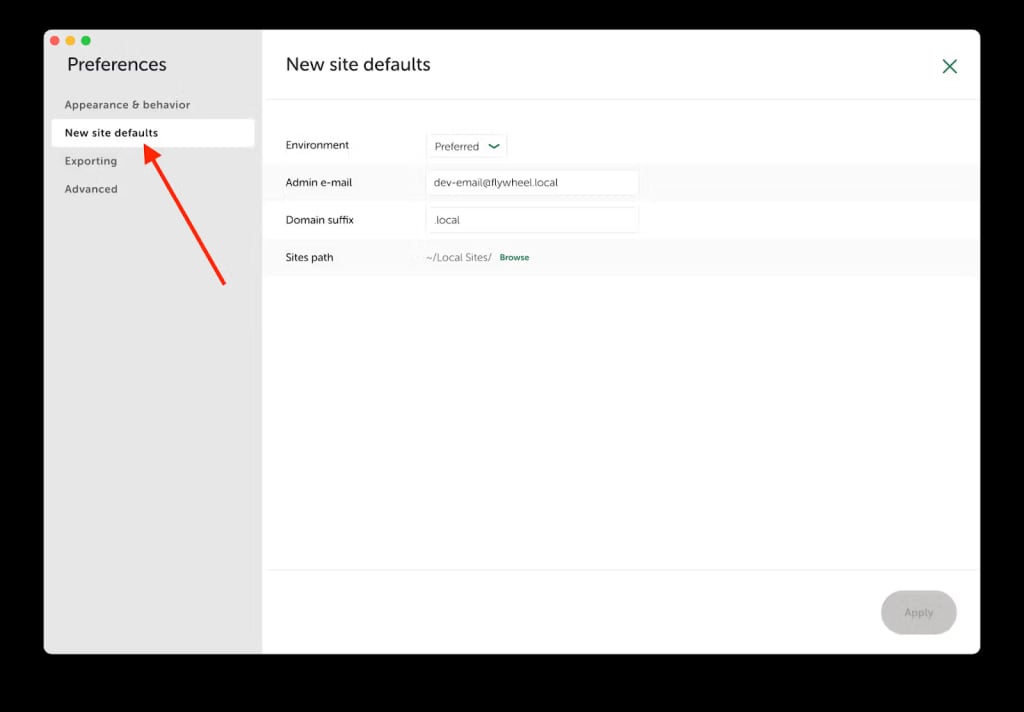 local wp new site defaults