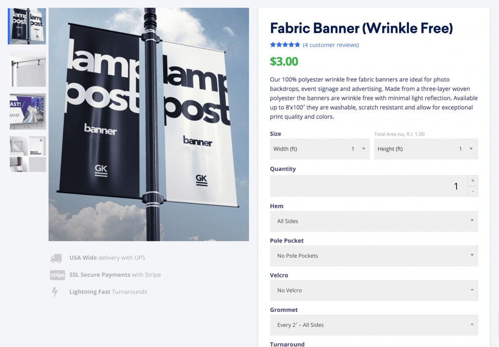 An example of a product listing with options