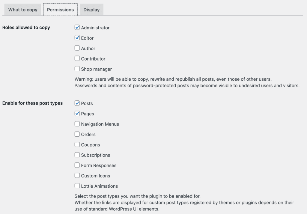 The Duplicate Post permissions tab