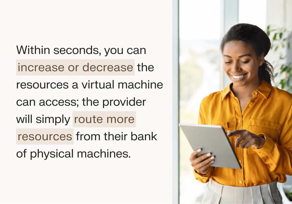 Within seconds, you can increase or decrease the resources a virtual machine can access; the provider will simply route more resources from their bank of physical machines.