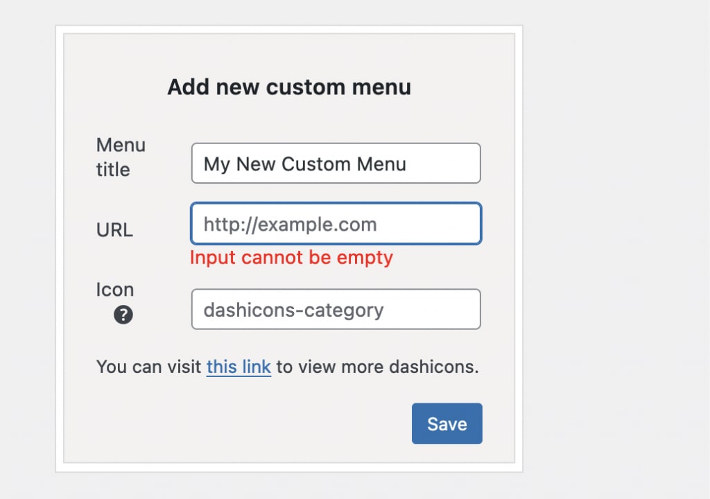 Menu URL can't be empty