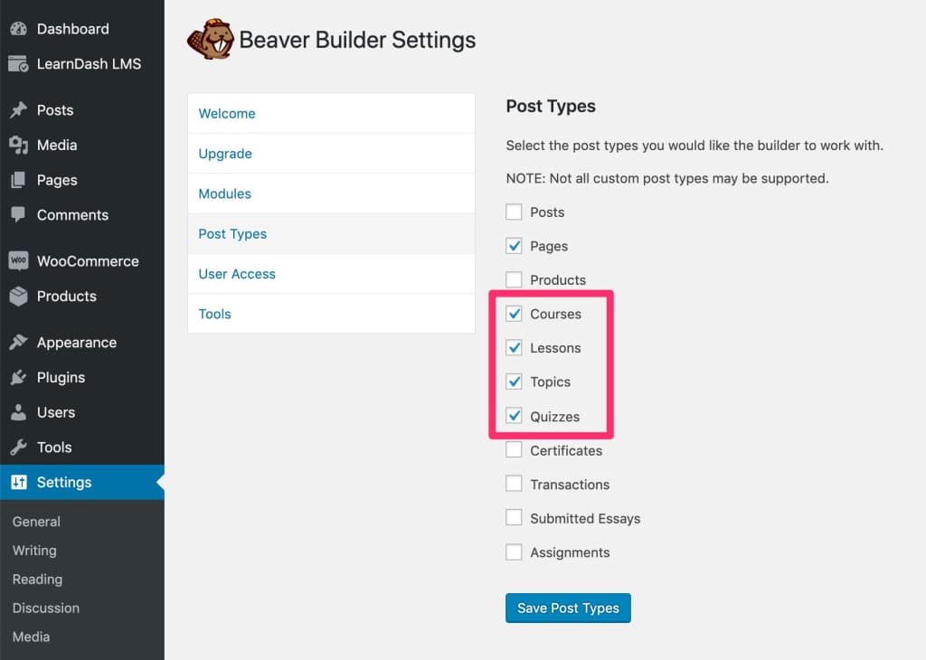 Enable LearnDash post types in Beaver Builder