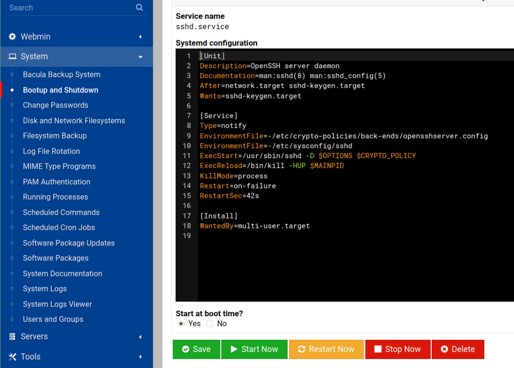 To manage services with regard to bootup and shutdown events, click the System option found in the left navigation bar. Next, click the System > Bootup and Shutdown menu entry. On the screen to the right of the left navigation bar, you are able to manage services that start or stop automatically by selecting them from the list and clicking on the appropriate radio or regular buttons provided that include Start at Boot Time? Yes/No, Start Now, and Stop Now — among others.