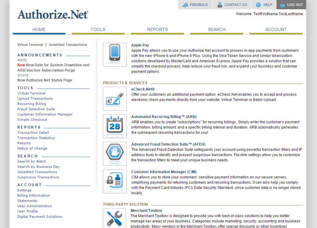Authorize.net Dashboard