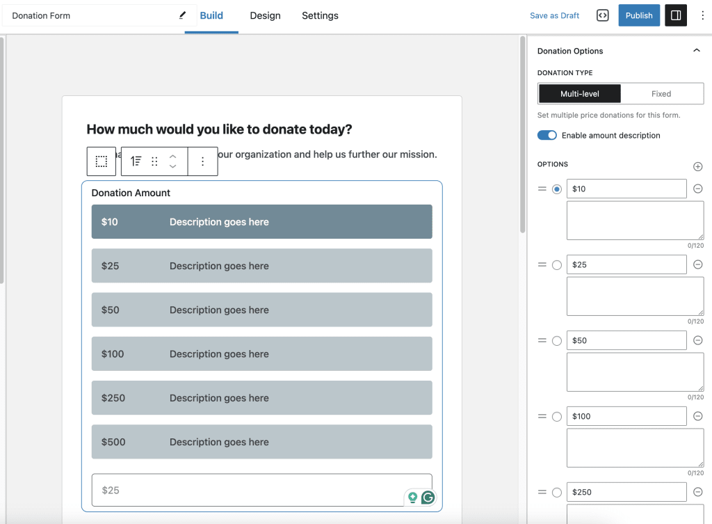 donation amount level description settings inside the Visual Donation Form Builder