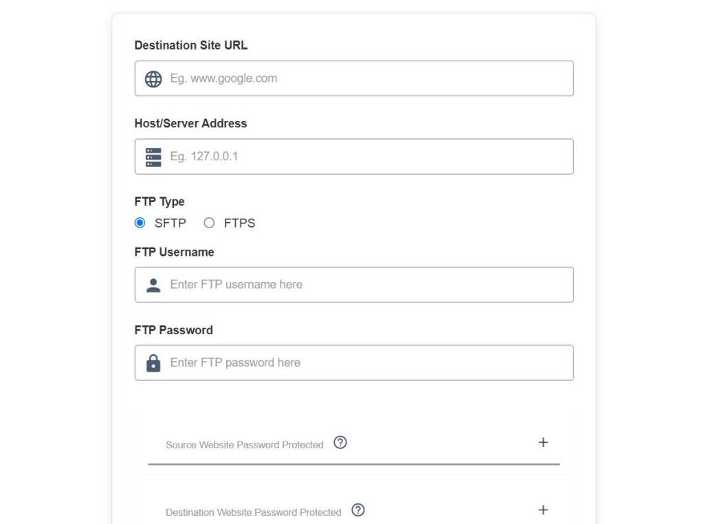 Add all the relevant details for site migration, such as the destination site URL and host/server address. Then, click Migrate.