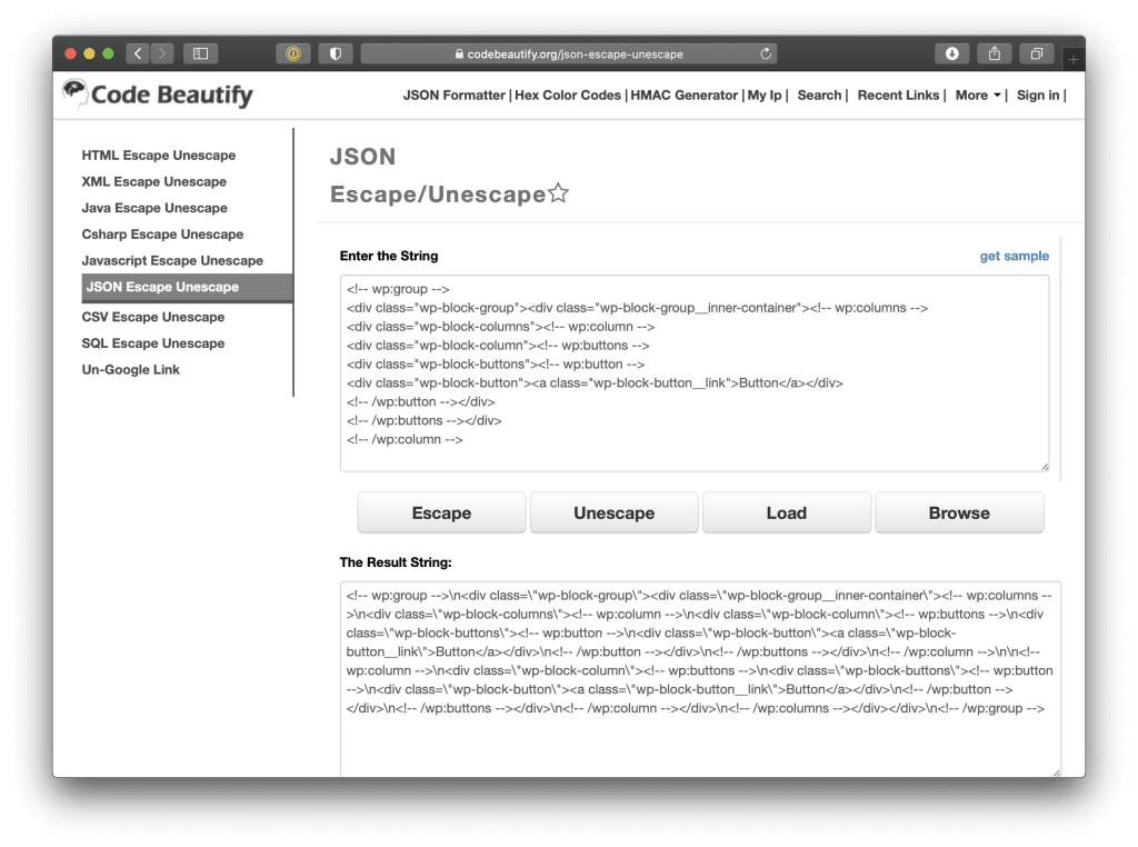 Showing the online tool for escaping code. There is a texture for pasting the code that needs to be escaped above another one containing the generated code.