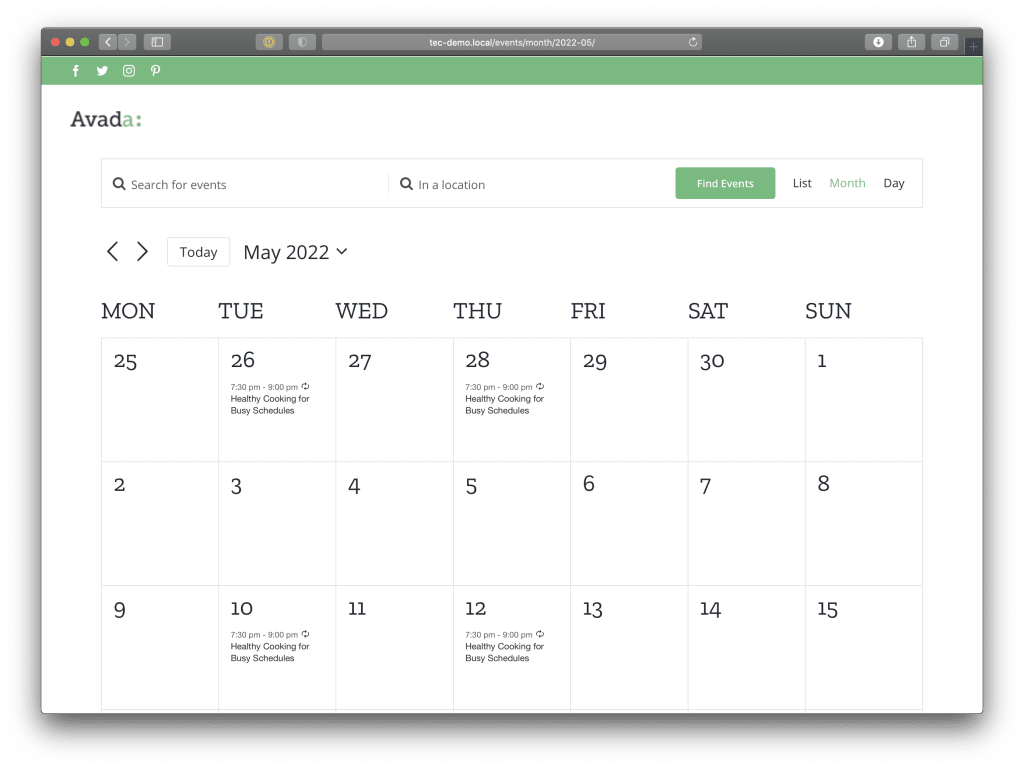 The calendar with Avada activated. There is a green header with four social media icons flush to the left. Below that is the Avada logo to the left against a white background. Below that is the full calendar month view for May 2022.