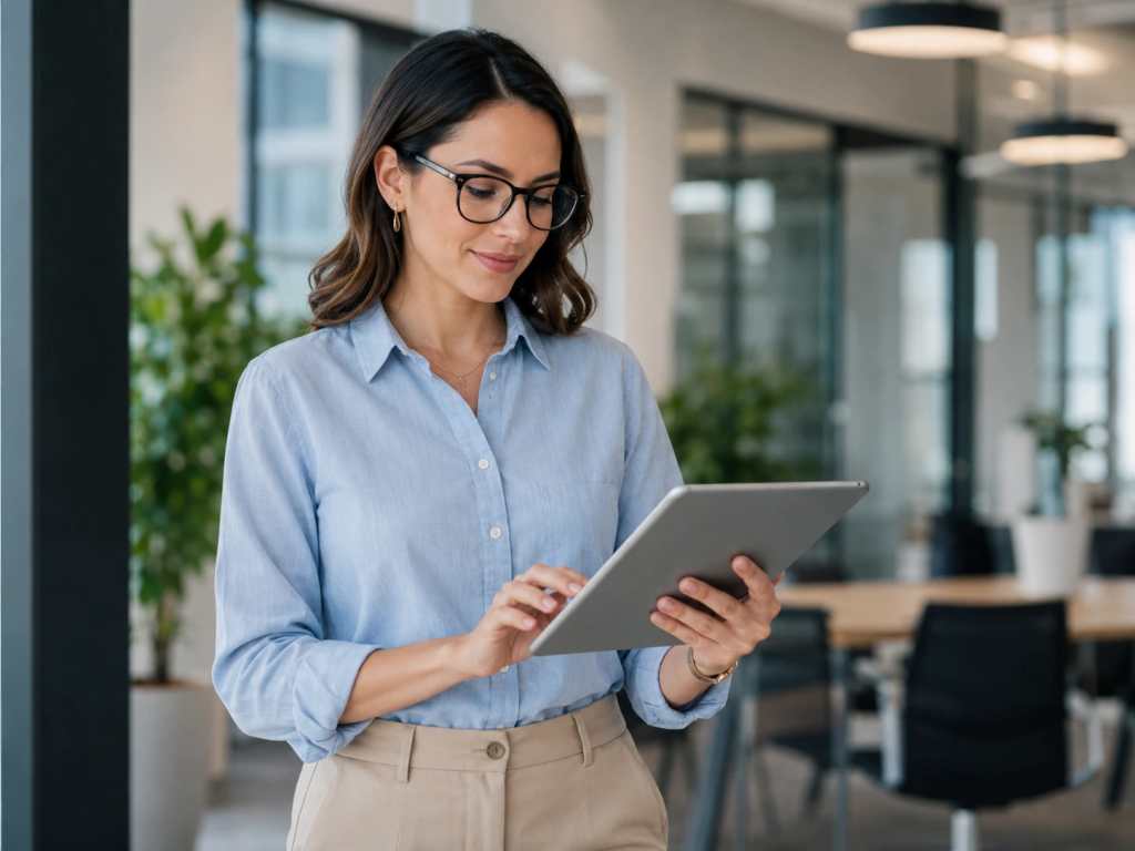 IT professional using a tablet to manage VPS hosting in a modern office.
