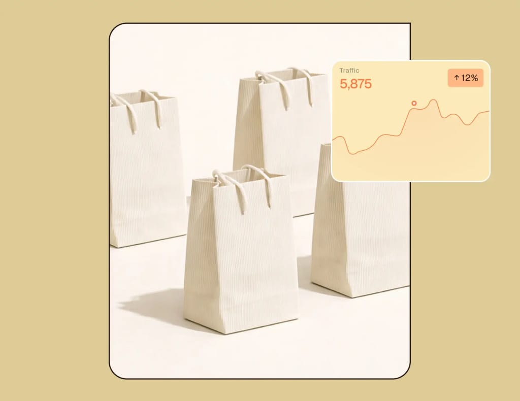 Shopping bags in straight lines alongside an ecommerce website traffic graph showing 12% improvement.